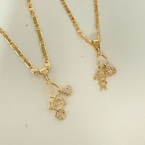 Gold Pendant Necklace with Heart and Girl & Boy Charms